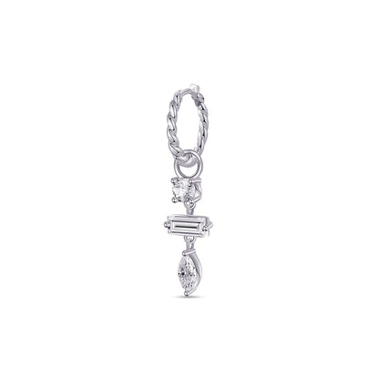twisted plain huggie hoop with dangling three stones, round, baguette and marquise.