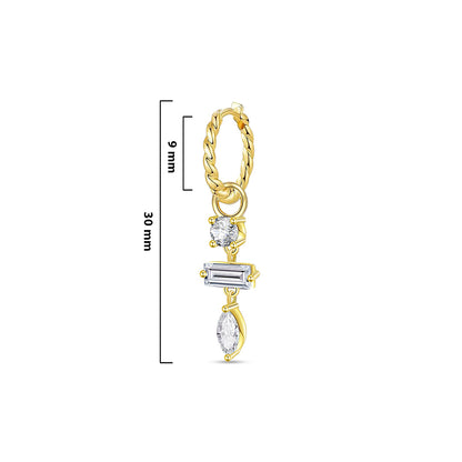 twisted plain huggie hoop with dangling three stones, round, baguette and marquise.