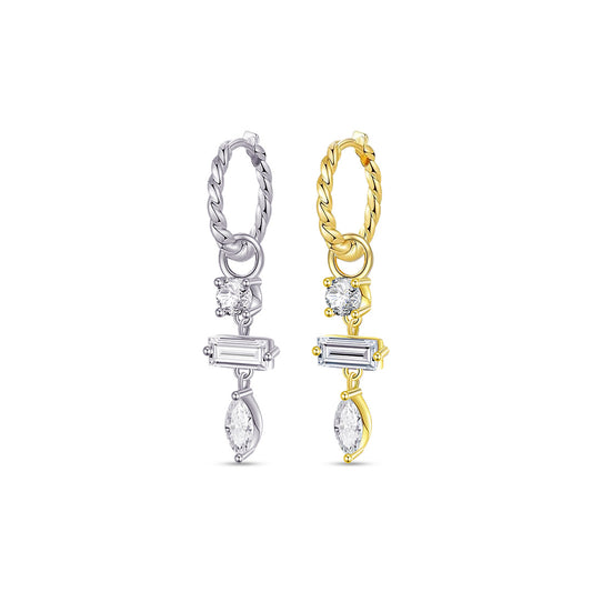 twisted plain huggie hoop with dangling three stones, round, baguette and marquise.