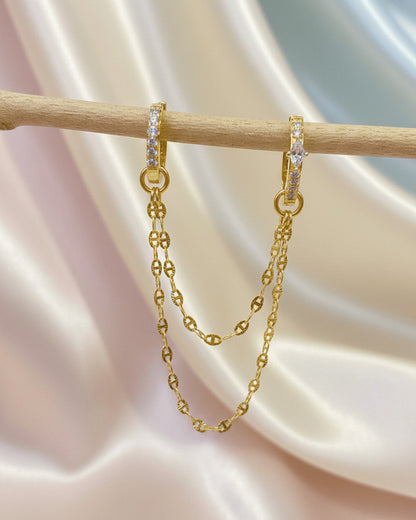 Sterling Silver Double Hoop Earrings with CZ Pavé & Dainty Chain