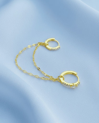 Sterling Silver Double Hoop Earrings with CZ Pavé & Dainty Chain