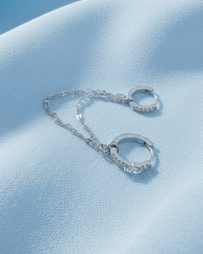 Sterling Silver Double Hoop Earrings with CZ Pavé & Dainty Chain