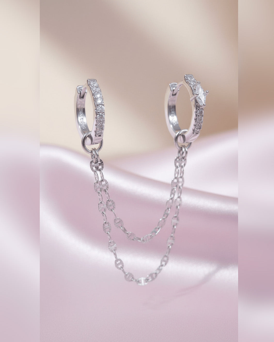 Sterling Silver Double Hoop Earrings with CZ Pavé & Dainty Chain