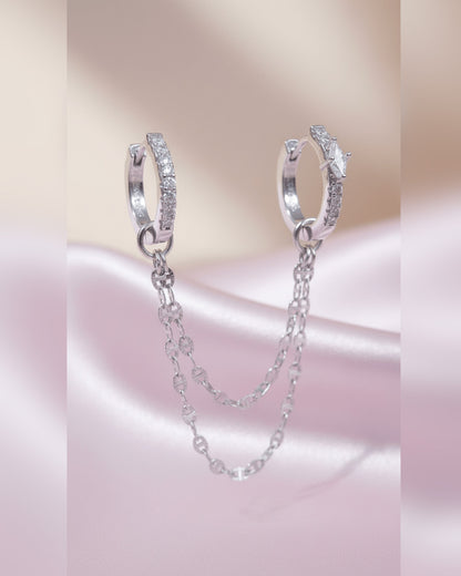 Sterling Silver Double Hoop Earrings with CZ Pavé & Dainty Chain