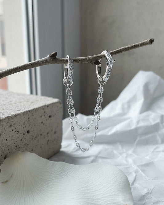 Sterling Silver Double Hoop Earrings with CZ Pavé & Dainty Chain