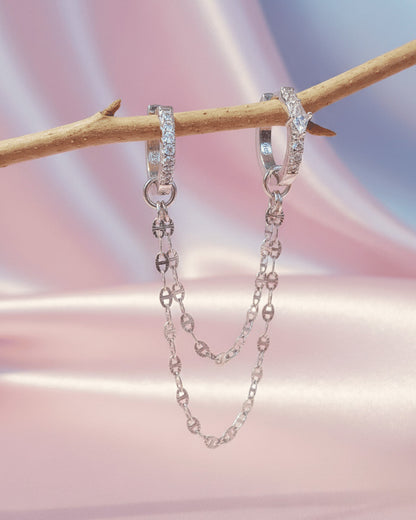 Sterling Silver Double Hoop Earrings with CZ Pavé & Dainty Chain