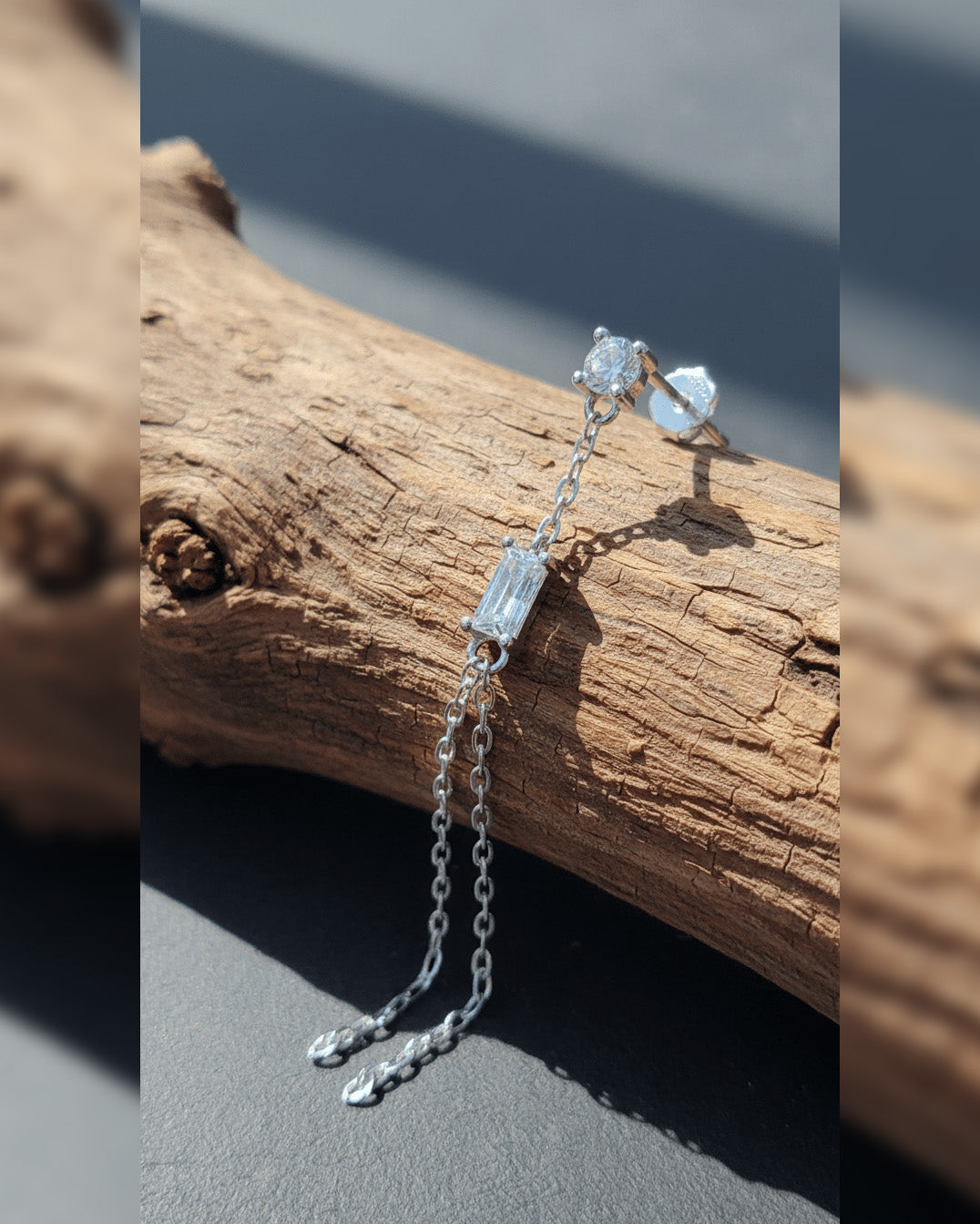 Sterling Silver Baguette & Round CZ Double Chain Drop Earring.