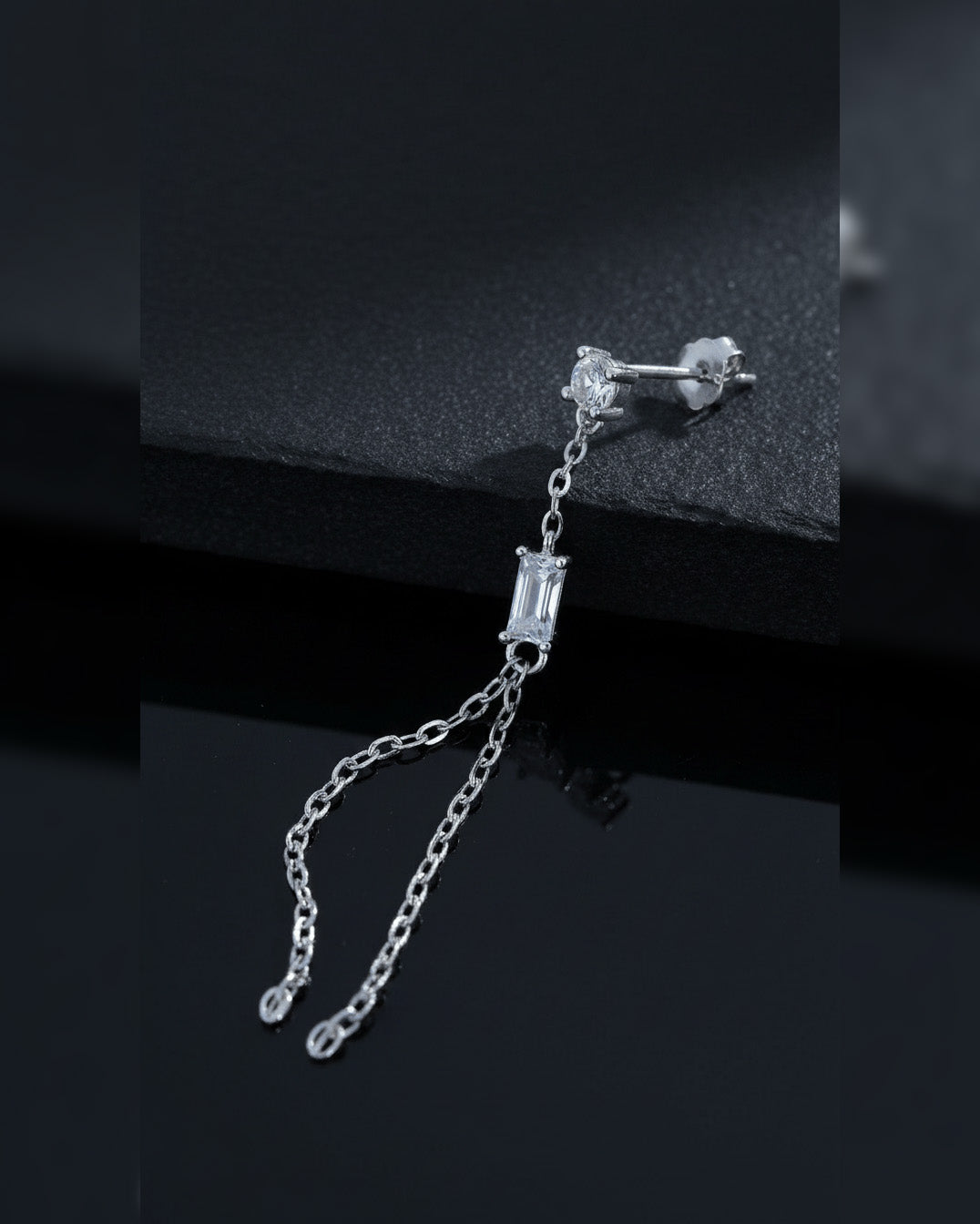Sterling Silver Baguette & Round CZ Double Chain Drop Earring.