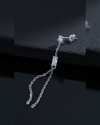 Sterling Silver Baguette & Round CZ Double Chain Drop Earring.