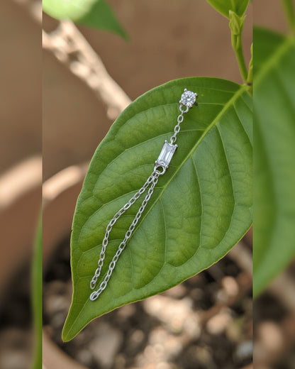Sterling Silver Baguette & Round CZ Double Chain Drop Earring.