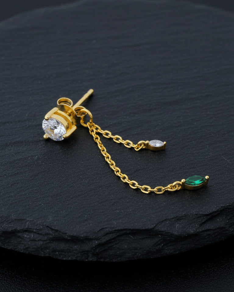 single stone stud earring with back dangling chains.
