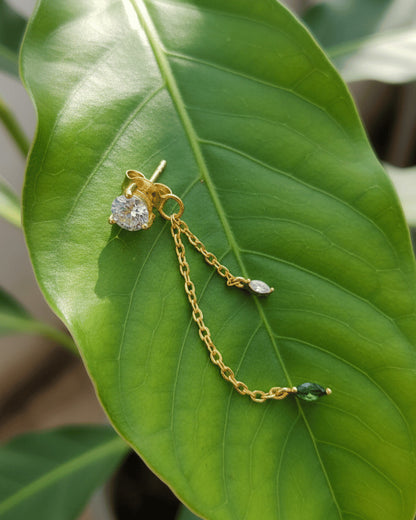 single stone stud earring with back dangling chains.