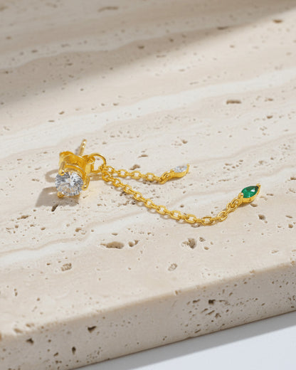 single stone stud earring with back dangling chains.