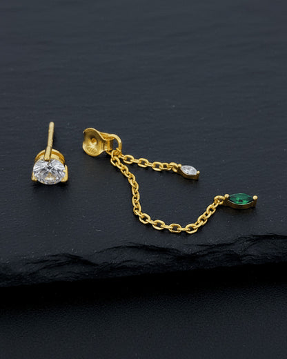 single stone stud earring with back dangling chains.