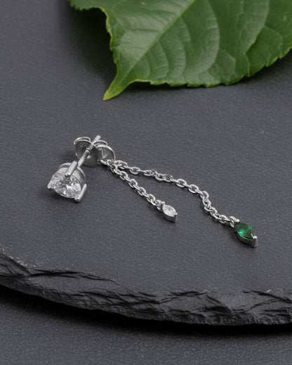 single stone stud earring with back dangling chains.