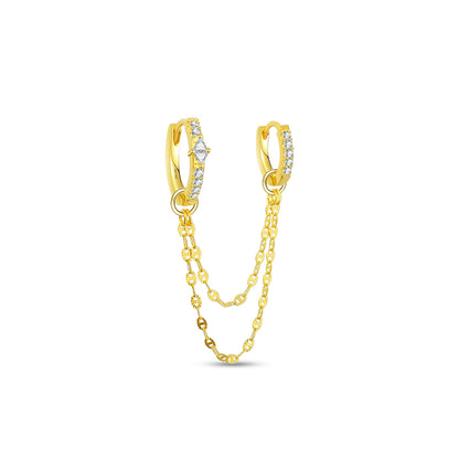 two CZ hoops linked with dangling double chain earring.