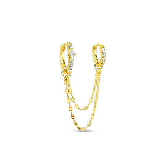 two CZ hoops linked with dangling double chain earring.