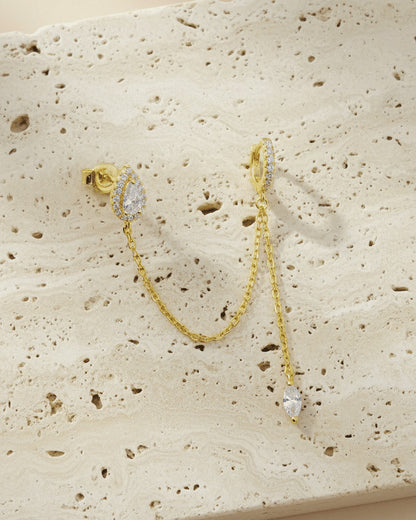 CZ pear shape stud chain-linked to hoop with dangling marquise shape.
