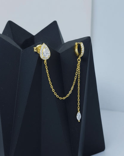 CZ pear shape stud chain-linked to hoop with dangling marquise shape.