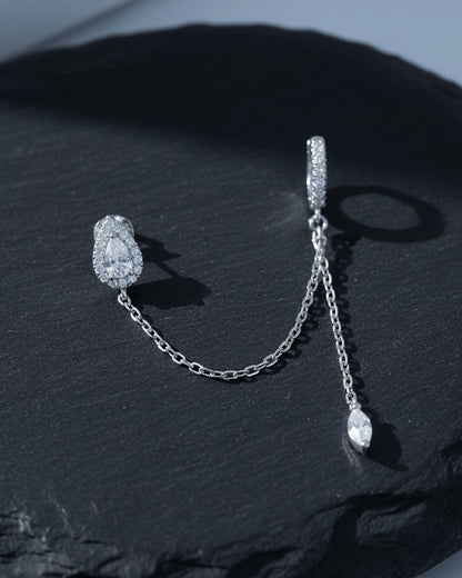 CZ pear shape stud chain-linked to hoop with dangling marquise shape.