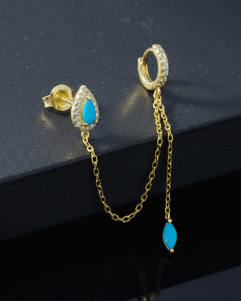 turquoise pear shape stud chain-linked to hoop with dangling marquise shape.