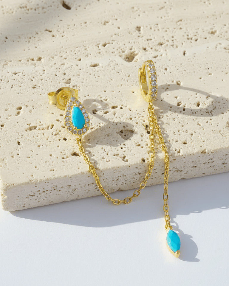 turquoise pear shape stud chain-linked to hoop with dangling marquise shape.