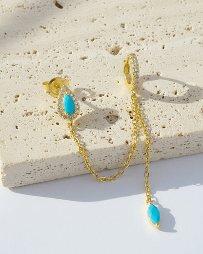 turquoise pear shape stud chain-linked to hoop with dangling marquise shape.