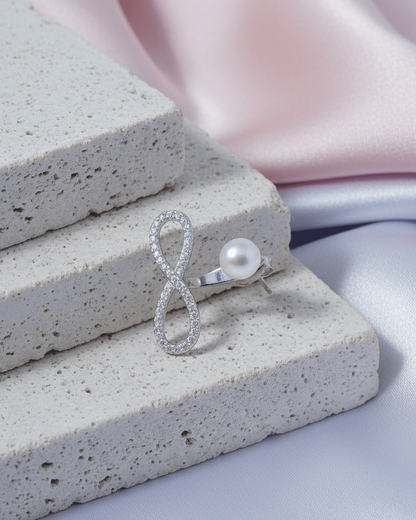 Sterling Silver Infinity Back-to-Front Earring with CZ Pavé & Pearl Stud