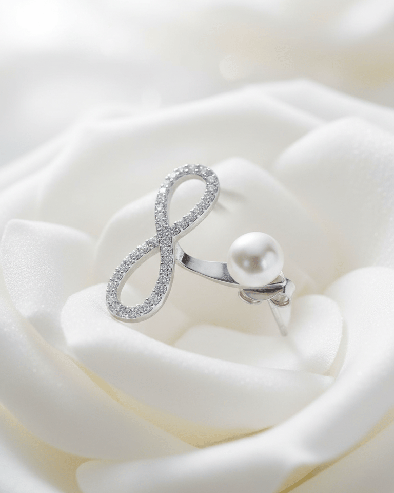 Sterling Silver Infinity Back-to-Front Earring with CZ Pavé & Pearl Stud