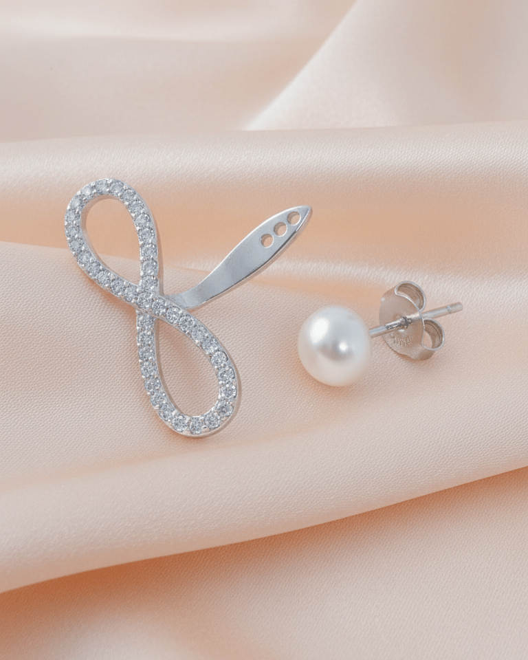 Sterling Silver Infinity Back-to-Front Earring with CZ Pavé & Pearl Stud