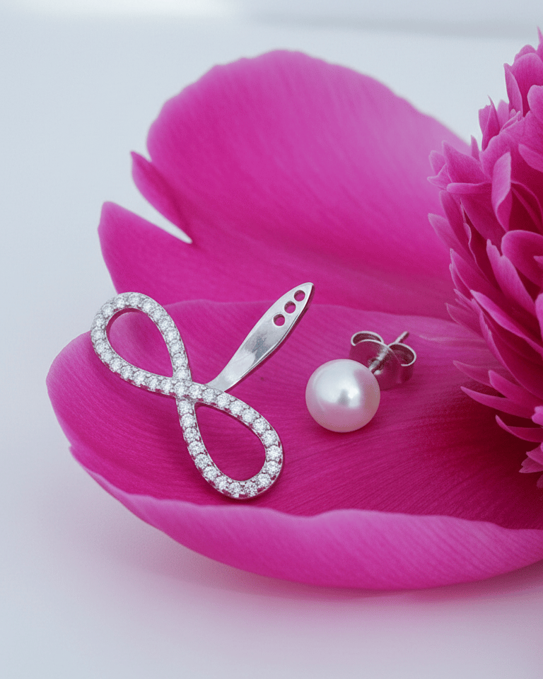 Sterling Silver Infinity Back-to-Front Earring with CZ Pavé & Pearl Stud
