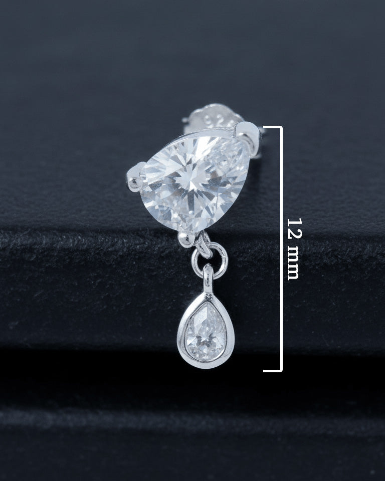 pear shape in prong setting with a dangling smaller pear in bezel setting stud earring.