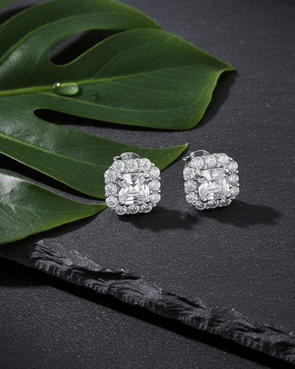 Sterling Silver CZ Ascher-Cut Halo Stud Earrings.