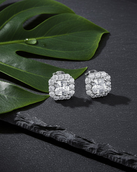 Sterling Silver CZ Ascher-Cut Halo Stud Earrings.