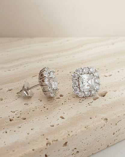 Sterling Silver CZ Ascher-Cut Halo Stud Earrings.
