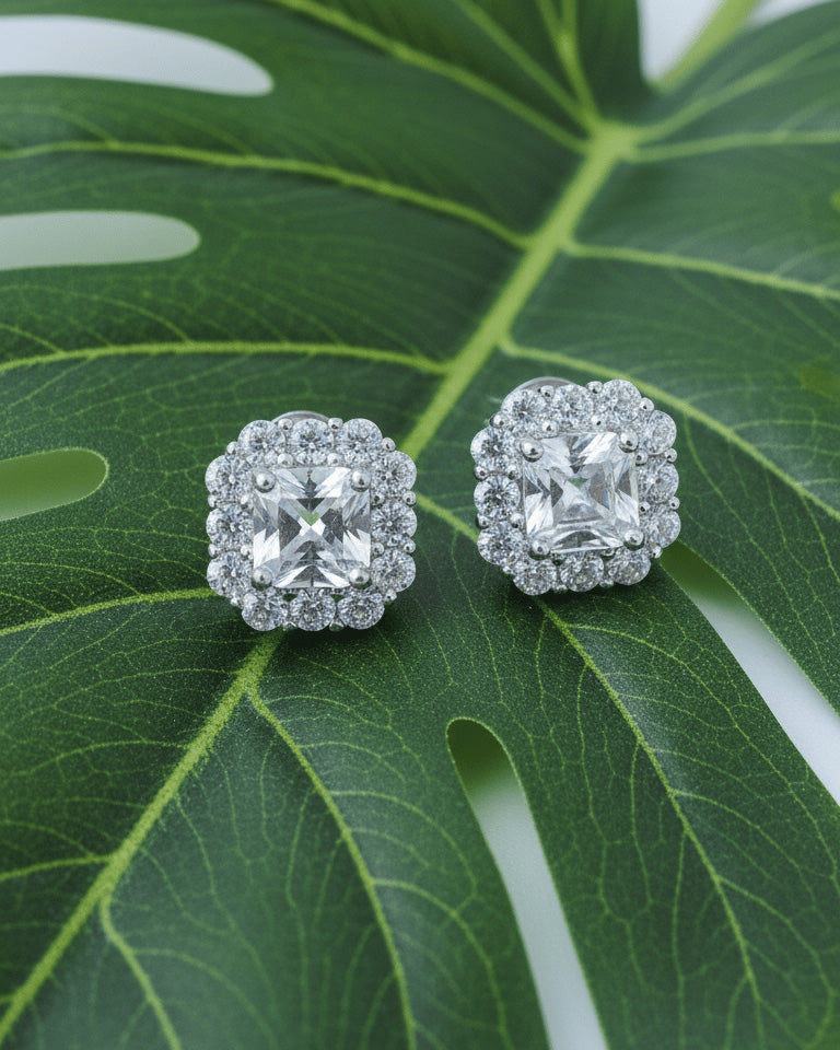 Sterling Silver CZ Ascher-Cut Halo Stud Earrings.