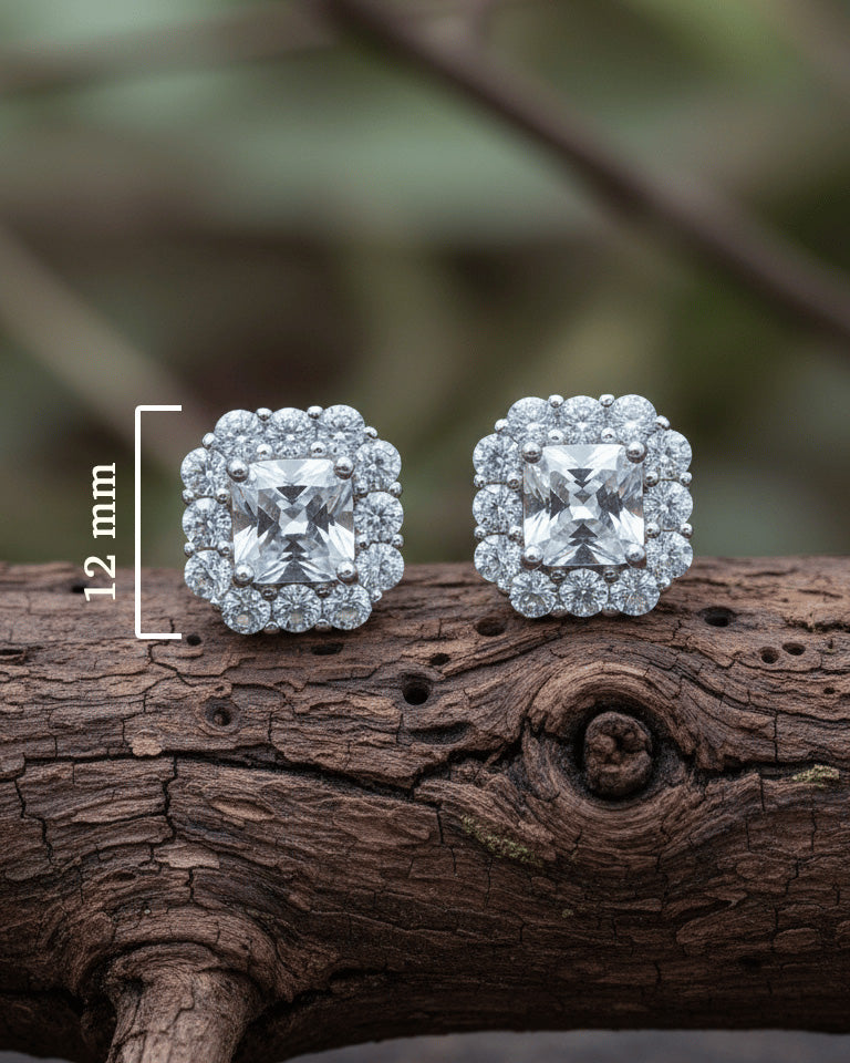Sterling Silver CZ Ascher-Cut Halo Stud Earrings.