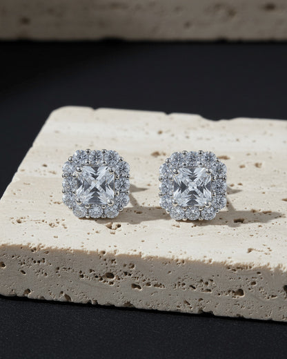 Sterling Silver CZ Ascher-Cut Halo Stud Earrings.