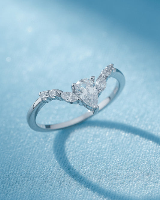 Sterling Silver Pear-Cut CZ V-Shaped Halo Ring with Round & Marquise Accents