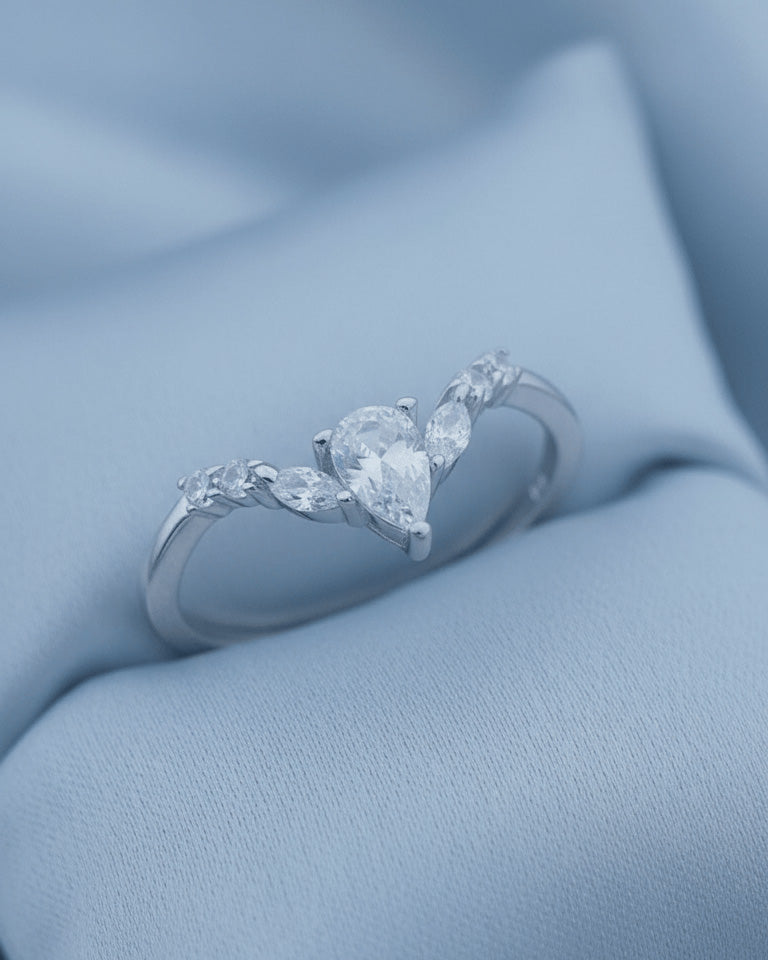 Sterling Silver Pear-Cut CZ V-Shaped Halo Ring with Round & Marquise Accents