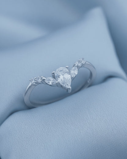 Sterling Silver Pear-Cut CZ V-Shaped Halo Ring with Round & Marquise Accents