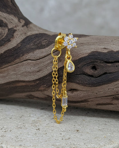 CZ cluster flower shape with double dangling chains back to front earring.