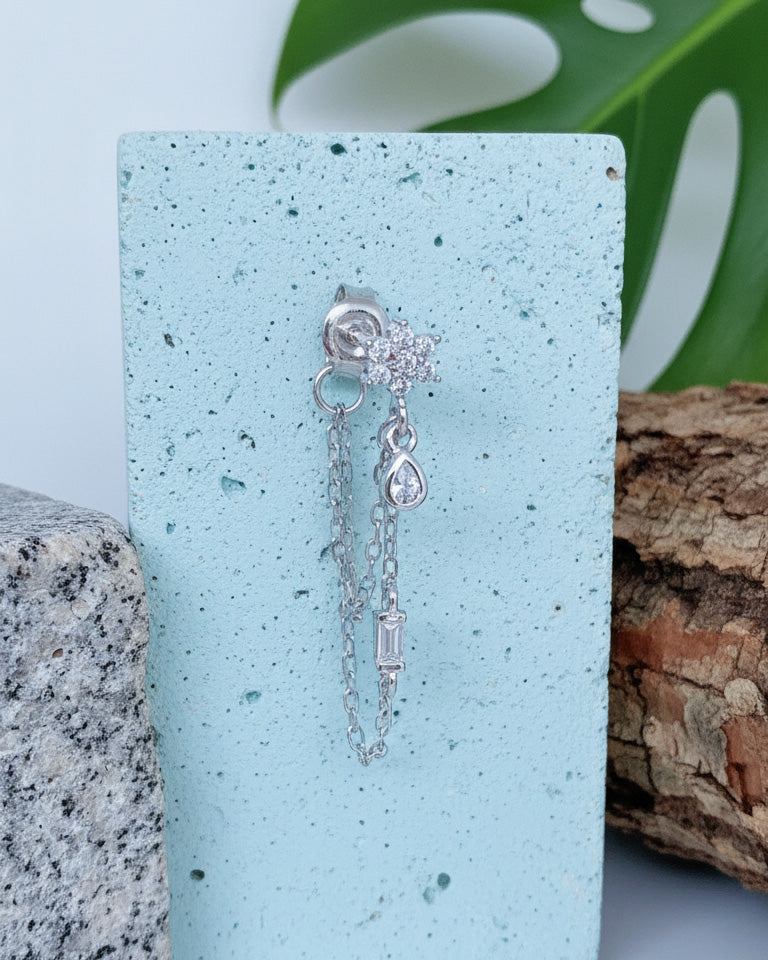 CZ cluster flower shape with double dangling chains back to front earring.