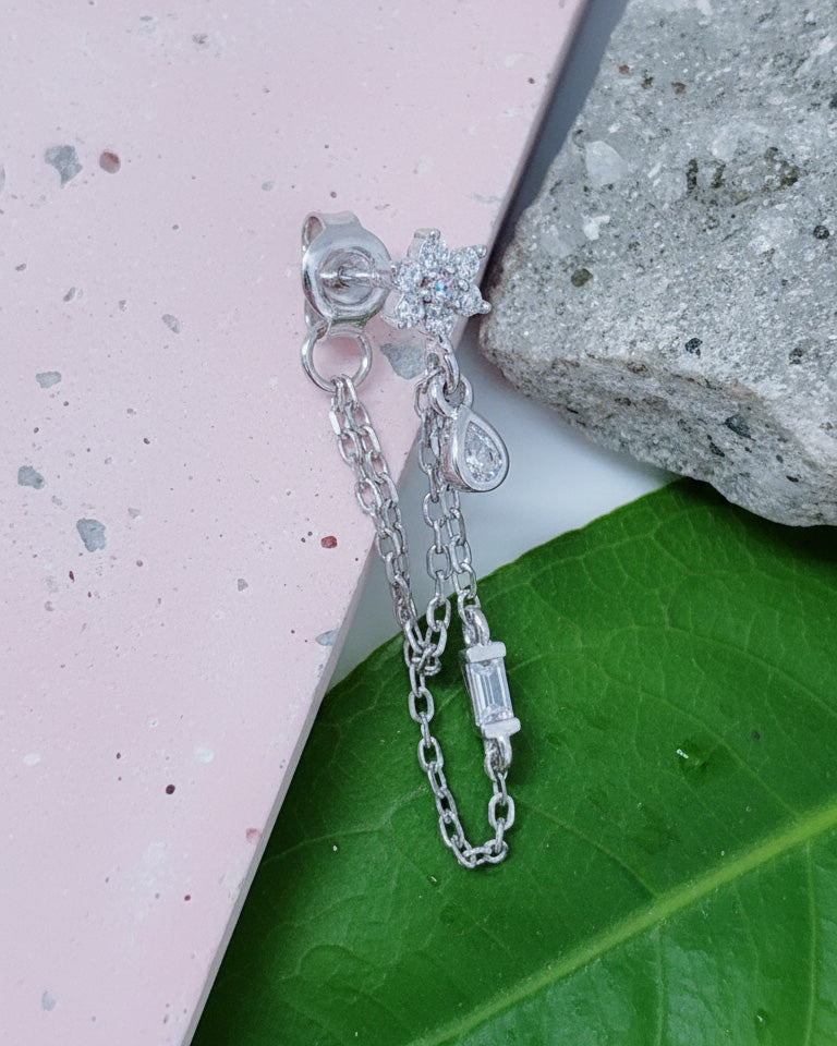 CZ cluster flower shape with double dangling chains back to front earring.