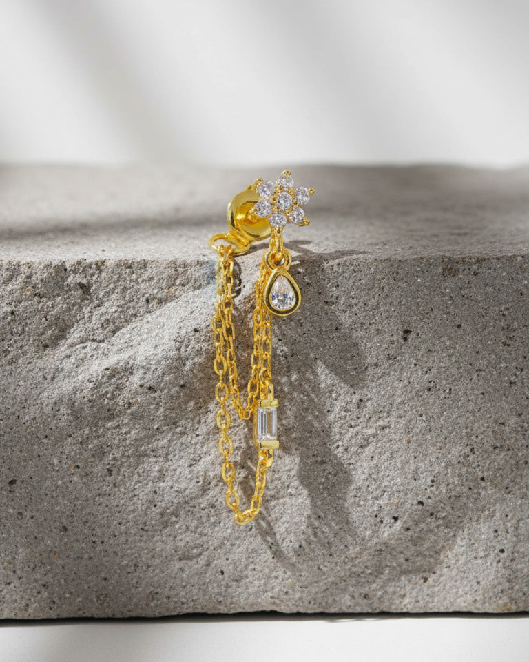 CZ cluster flower shape with double dangling chains back to front earring.