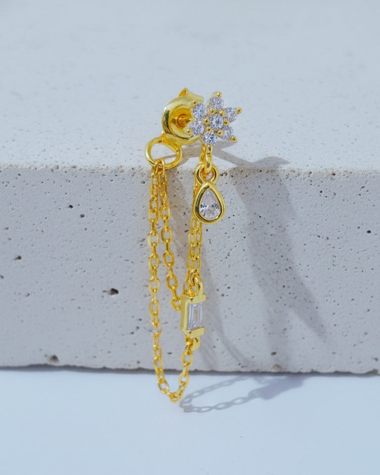 CZ cluster flower shape with double dangling chains back to front earring.