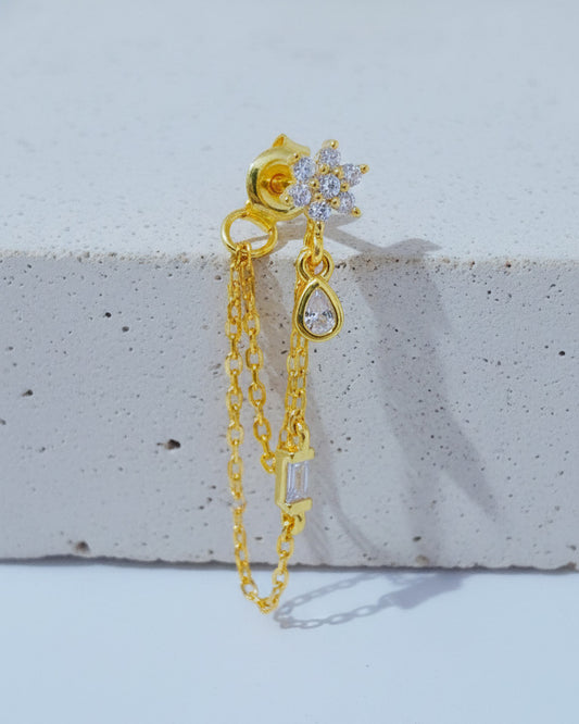 CZ cluster flower shape with double dangling chains back to front earring.