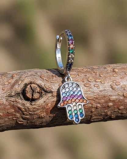 multi-colored stones hamsa dangling hoop earring.