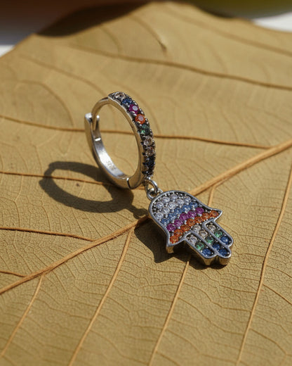 multi-colored stones hamsa dangling hoop earring.