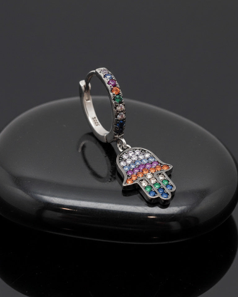 multi-colored stones hamsa dangling hoop earring.